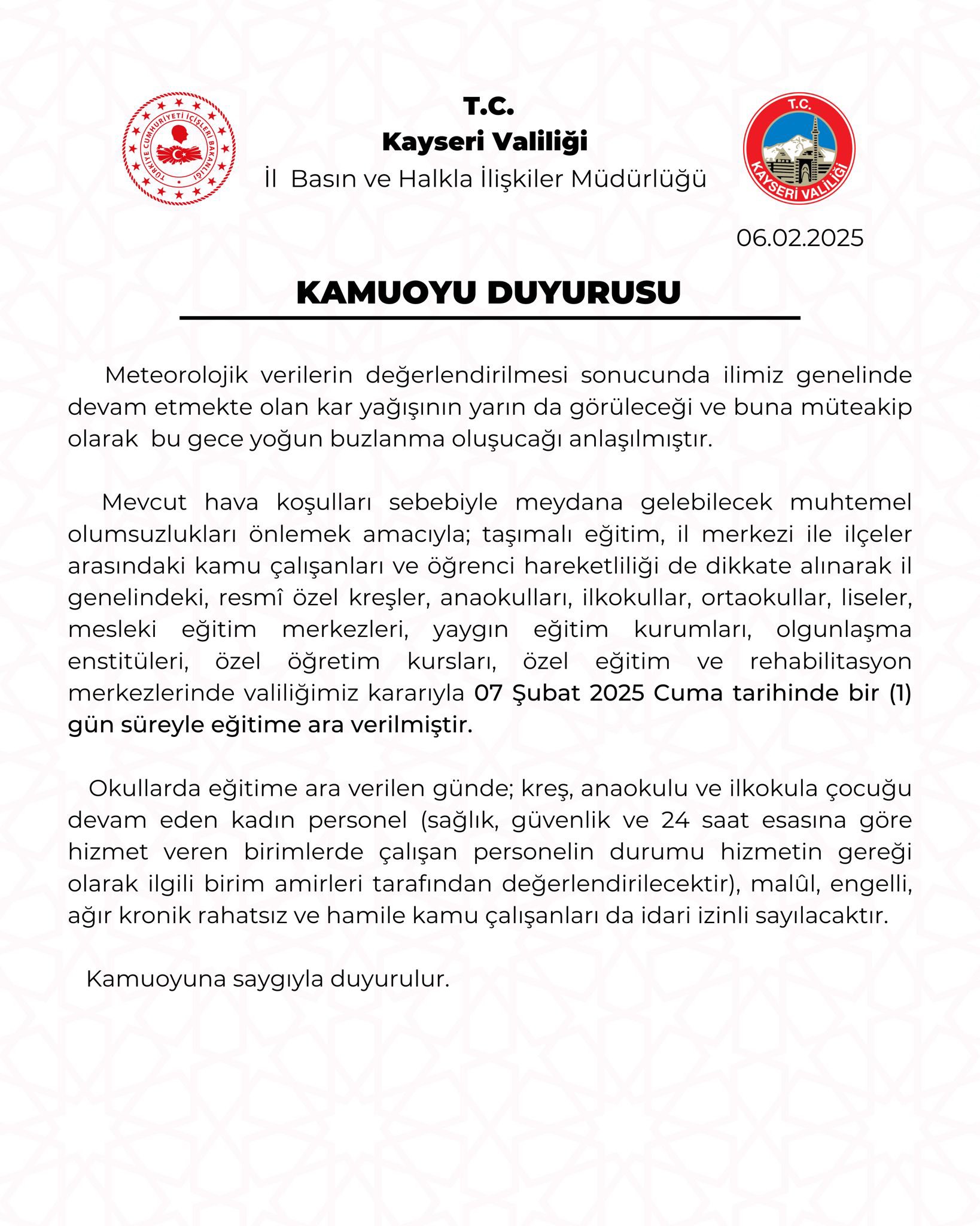 Kayseri Valisi Gökmen Çiçek Sosyal Medyadan Duyurdu: 7 Şubat Cuma Eğitim Ara Verildi