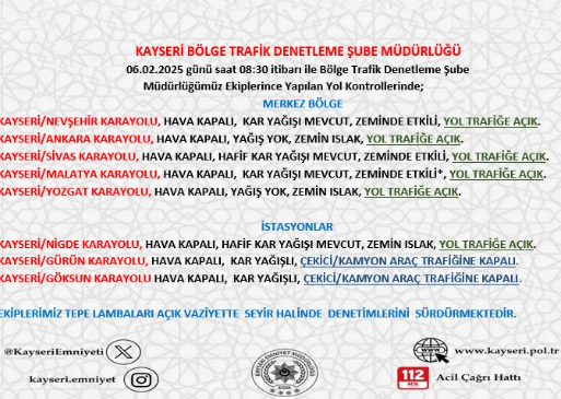 Kayseri'de Yol Durumları ve Trafik Bilgileri Güncel  06.02.2025